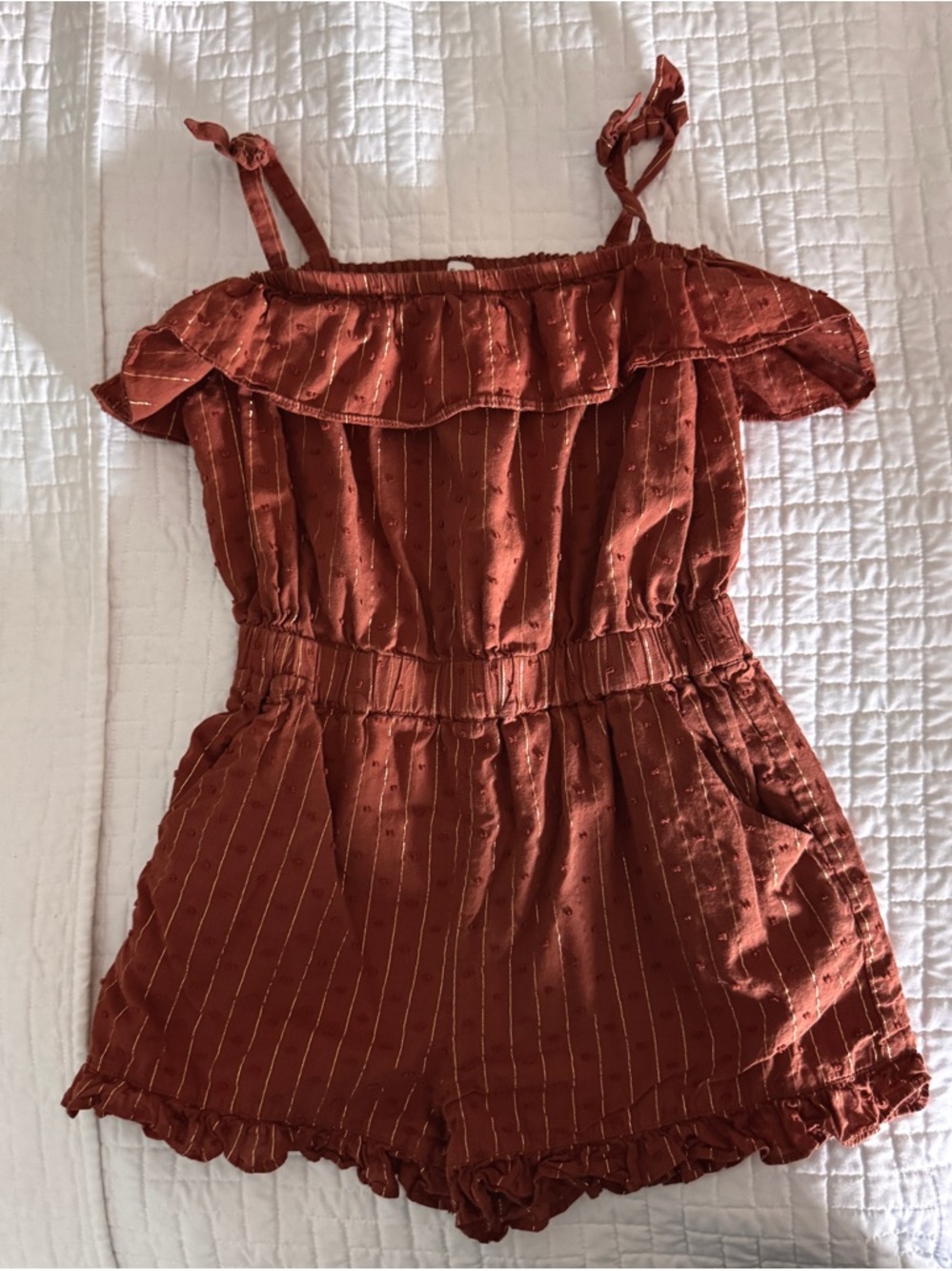 Janie and Jack Rust Orange Ruffle Off-Shoulder Romper